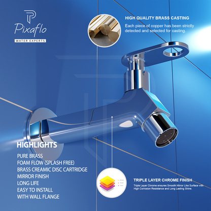 Pixaflo META-O Brass Long Body Bib Cock Tap with Wall Flange | Chrome