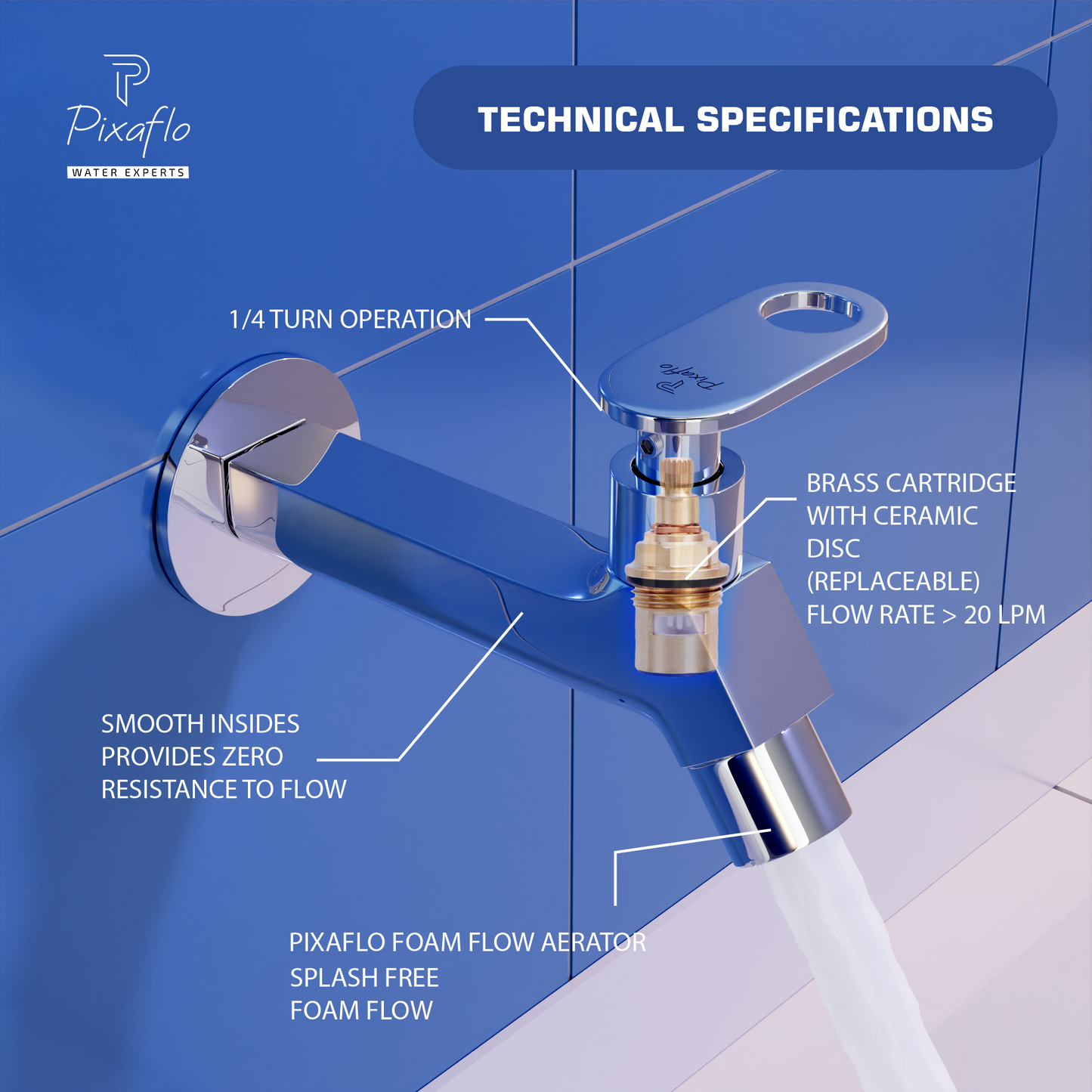 Pixaflo META-O Brass Long Body Bib Cock Tap with Wall Flange | Chrome