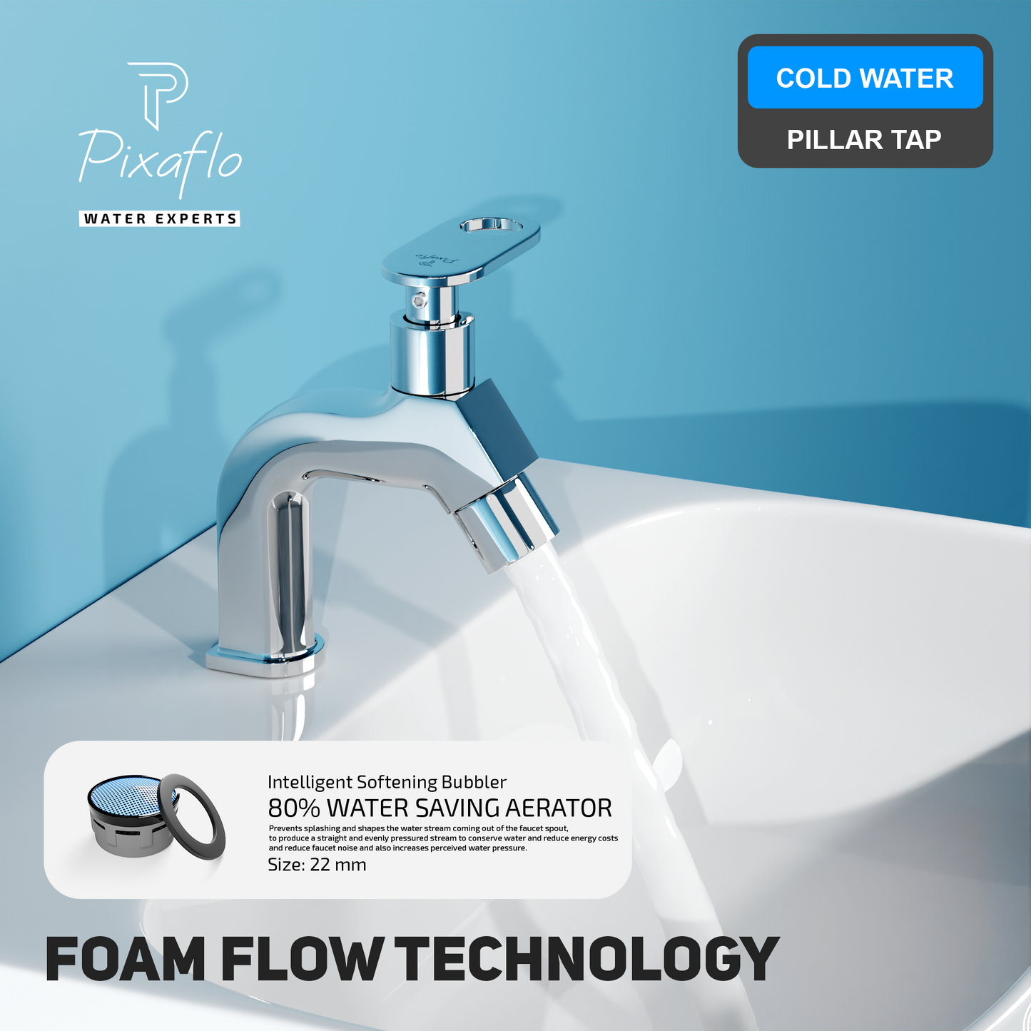 Pixaflo META-O Brass Pillar Tap for Wash Basin | Pillar Cock | Quarter-Turn | Ceramic Disc Cartridge | Foam Flow | Chrome Finish