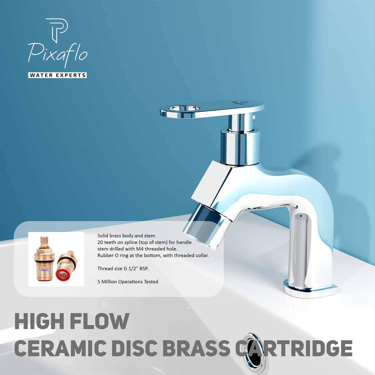 Pixaflo META-O Brass Pillar Tap for Wash Basin | Pillar Cock | Quarter-Turn | Ceramic Disc Cartridge | Foam Flow | Chrome Finish