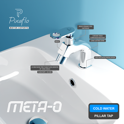Pixaflo META-O Brass Pillar Tap for Wash Basin | Pillar Cock | Quarter-Turn | Ceramic Disc Cartridge | Foam Flow | Chrome Finish