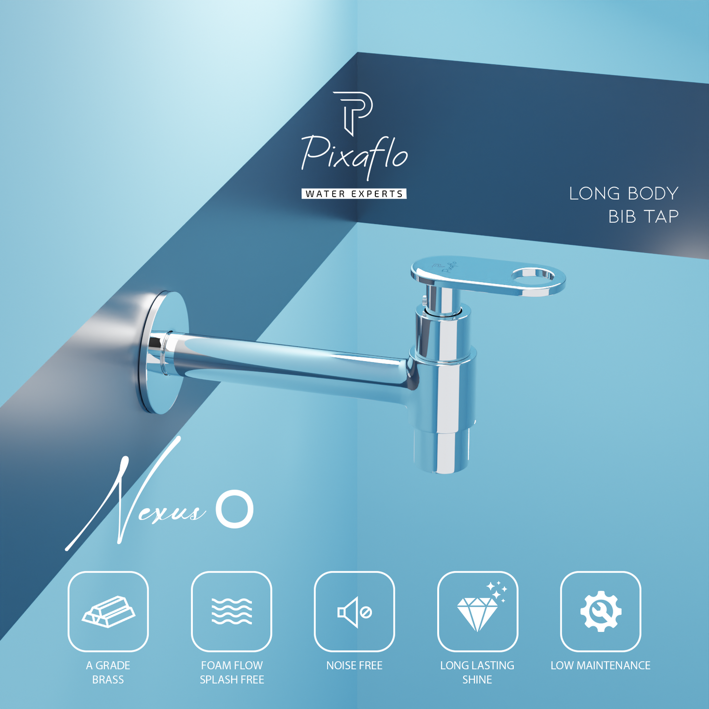 Pixaflo Nexus-O Brass Long Body Bib Cock Tap with Wall Flange | Chrome