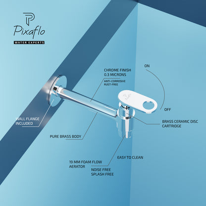 Pixaflo Nexus-O Brass Long Body Bib Cock Tap with Wall Flange Combo | Chrome | Pack of 2