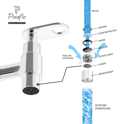Pixaflo Nexus-O Brass Long Body Bib Cock Tap with Wall Flange Combo | Chrome | Pack of 2