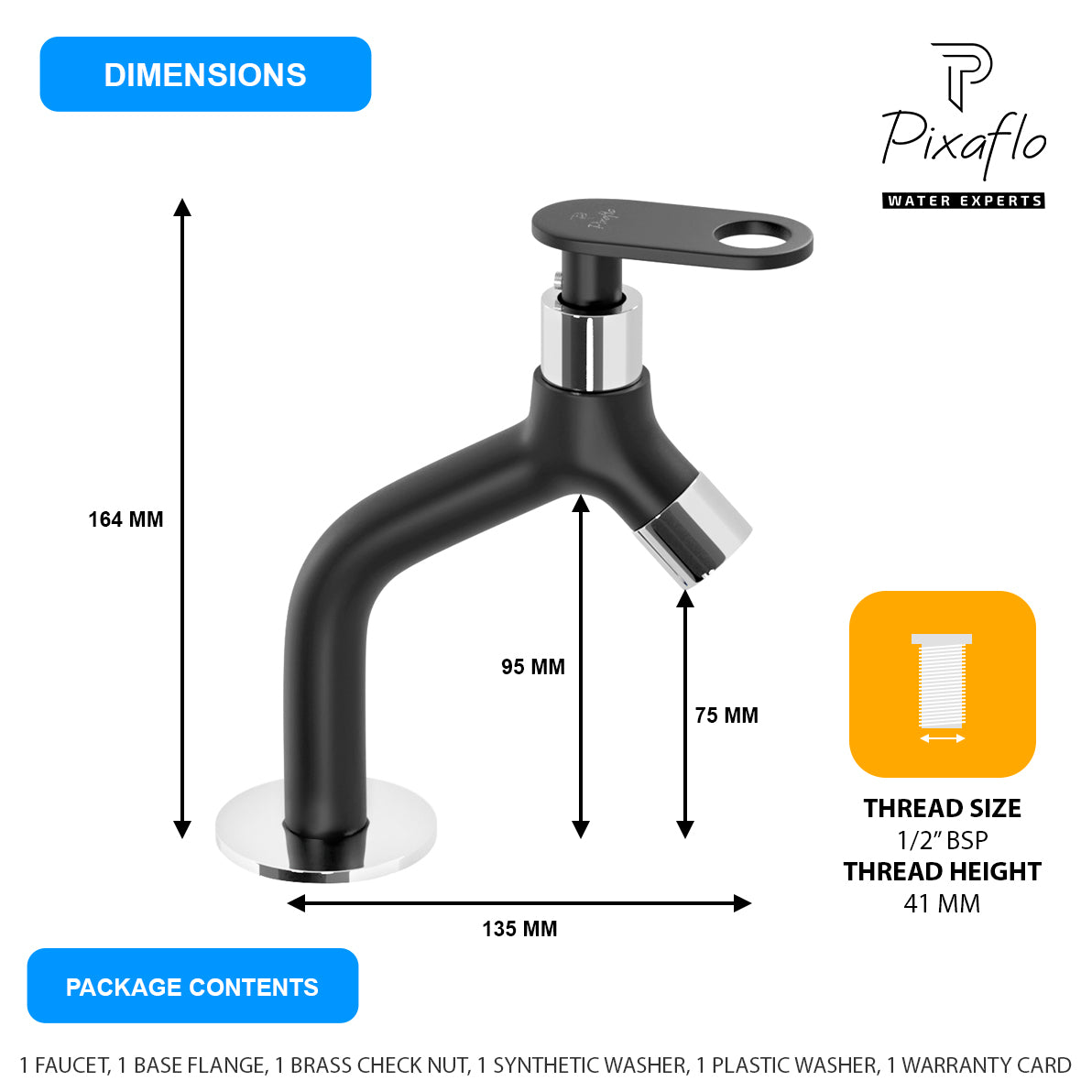 Pixaflo Nexus-O Brass Pillar Tap for Wash Basin | Pillar Cock | Quarter-Turn | Ceramic Disc Cartridge | Foam Flow | 6.5 inches Tall | Black Finish