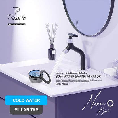 Pixaflo Nexus-O Brass Pillar Tap for Wash Basin | Pillar Cock | Quarter-Turn | Ceramic Disc Cartridge | Foam Flow | 6.5 inches Tall | Black Finish