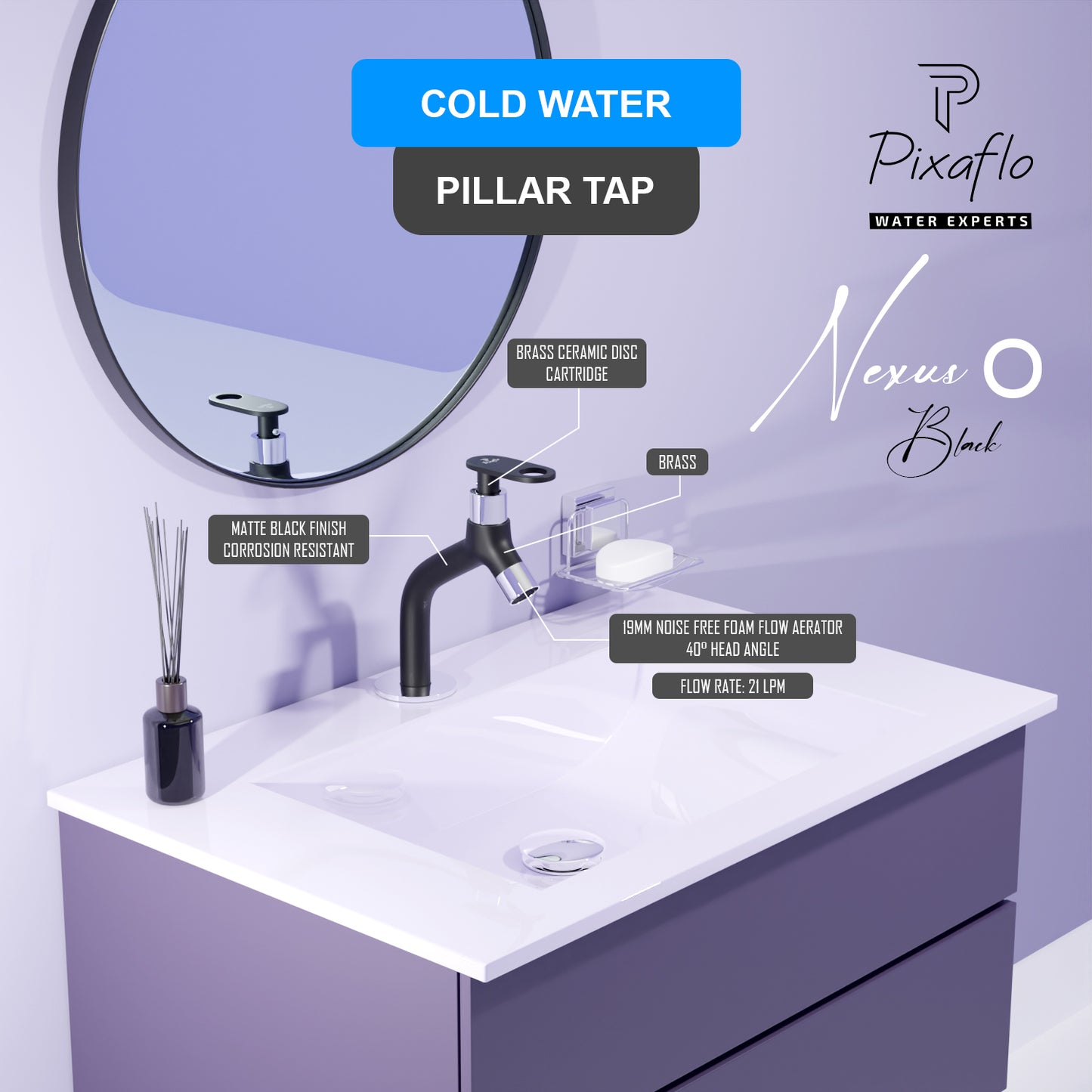 Pixaflo Nexus-O Brass Pillar Tap for Wash Basin | Pillar Cock | Quarter-Turn | Ceramic Disc Cartridge | Foam Flow | 6.5 inches Tall | Black Finish