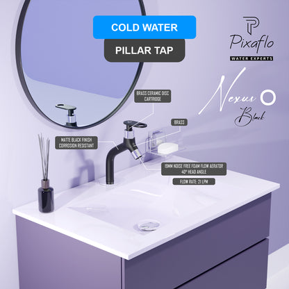Pixaflo Nexus-O Brass Pillar Tap for Wash Basin | Pillar Cock | Quarter-Turn | Ceramic Disc Cartridge | Foam Flow | 6.5 inches Tall | Black Finish