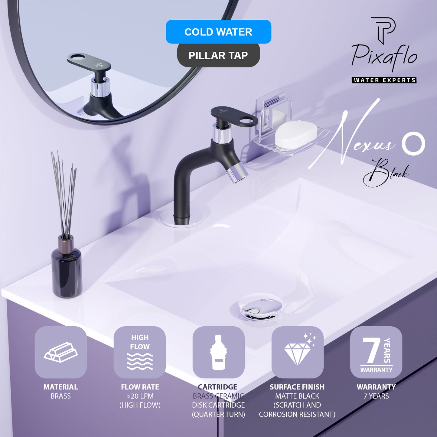 Pixaflo Nexus-O Brass Pillar Tap for Wash Basin | Pillar Cock | Quarter-Turn | Ceramic Disc Cartridge | Foam Flow | 6.5 inches Tall | Black Finish