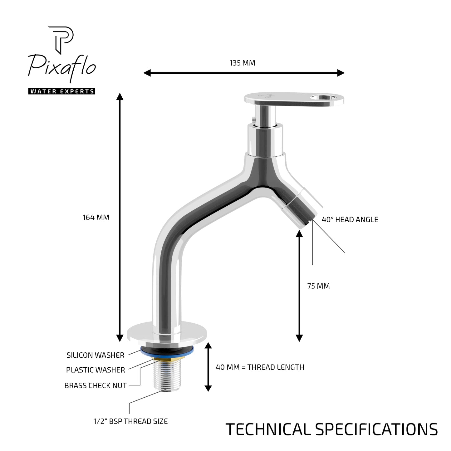 Pixaflo Nexus-O Brass Pillar Tap for Wash Basin | Pillar Cock | Quarter-Turn | Ceramic Disc Cartridge | Foam Flow | 6.5 inches Tall | Chrome Finish
