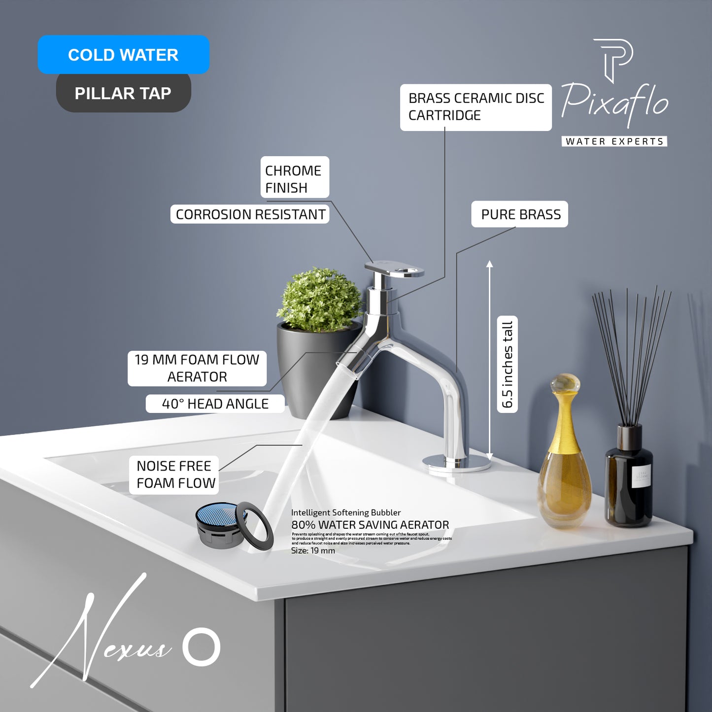 Pixaflo Nexus-O Brass Pillar Tap for Wash Basin | Pillar Cock | Quarter-Turn | Ceramic Disc Cartridge | Foam Flow | 6.5 inches Tall | Chrome Finish