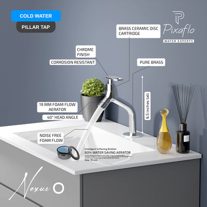 Pixaflo Nexus-O Brass Pillar Tap for Wash Basin | Pillar Cock | Quarter-Turn | Ceramic Disc Cartridge | Foam Flow | 6.5 inches Tall | Chrome Finish