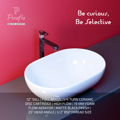 Pixaflo Curio Brass Extended Tall Body Pillar Cock 12 inch Tap for Wash Basin | Deck Mounted | Cold Water Tap (Not Hot & Cold Mixer) | Counter Top/Table Top Faucet | Foam Flow | Black Finish