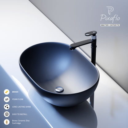 Pixaflo Curio Brass Extended Tall Body Pillar Cock 12 inch Tap for Wash Basin | Deck Mounted | Cold Water Tap (Not Hot & Cold Mixer) | Counter Top/Table Top Faucet | Foam Flow | Black Finish