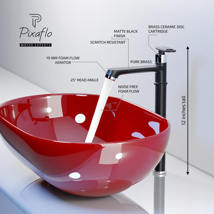 Pixaflo Curio Brass Extended Tall Body Pillar Cock 12 inch Tap for Wash Basin | Deck Mounted | Cold Water Tap (Not Hot & Cold Mixer) | Counter Top/Table Top Faucet | Foam Flow | Black Finish