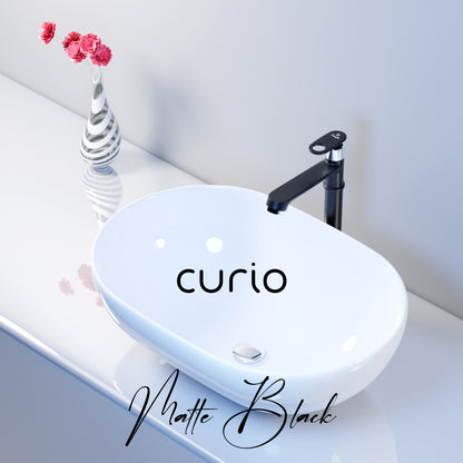 Pixaflo Curio Brass Extended Tall Body Pillar Cock 12 inch Tap for Wash Basin | Deck Mounted | Cold Water Tap (Not Hot & Cold Mixer) | Counter Top/Table Top Faucet | Foam Flow | Black Finish