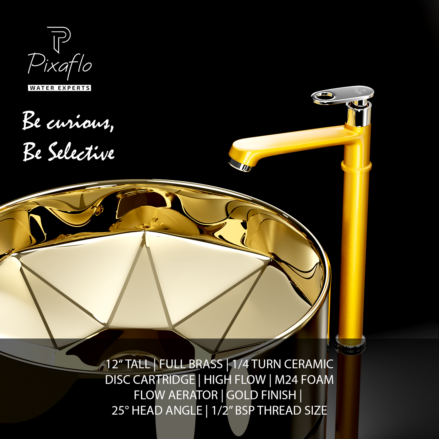 Pixaflo Curio Brass Extended Tall Body Pillar Cock 12 inch Tap for Wash Basin | Deck Mounted | Cold Water Tap (Not Hot & Cold Mixer) | Counter Top/Table Top Faucet | Foam Flow | Gold Finish