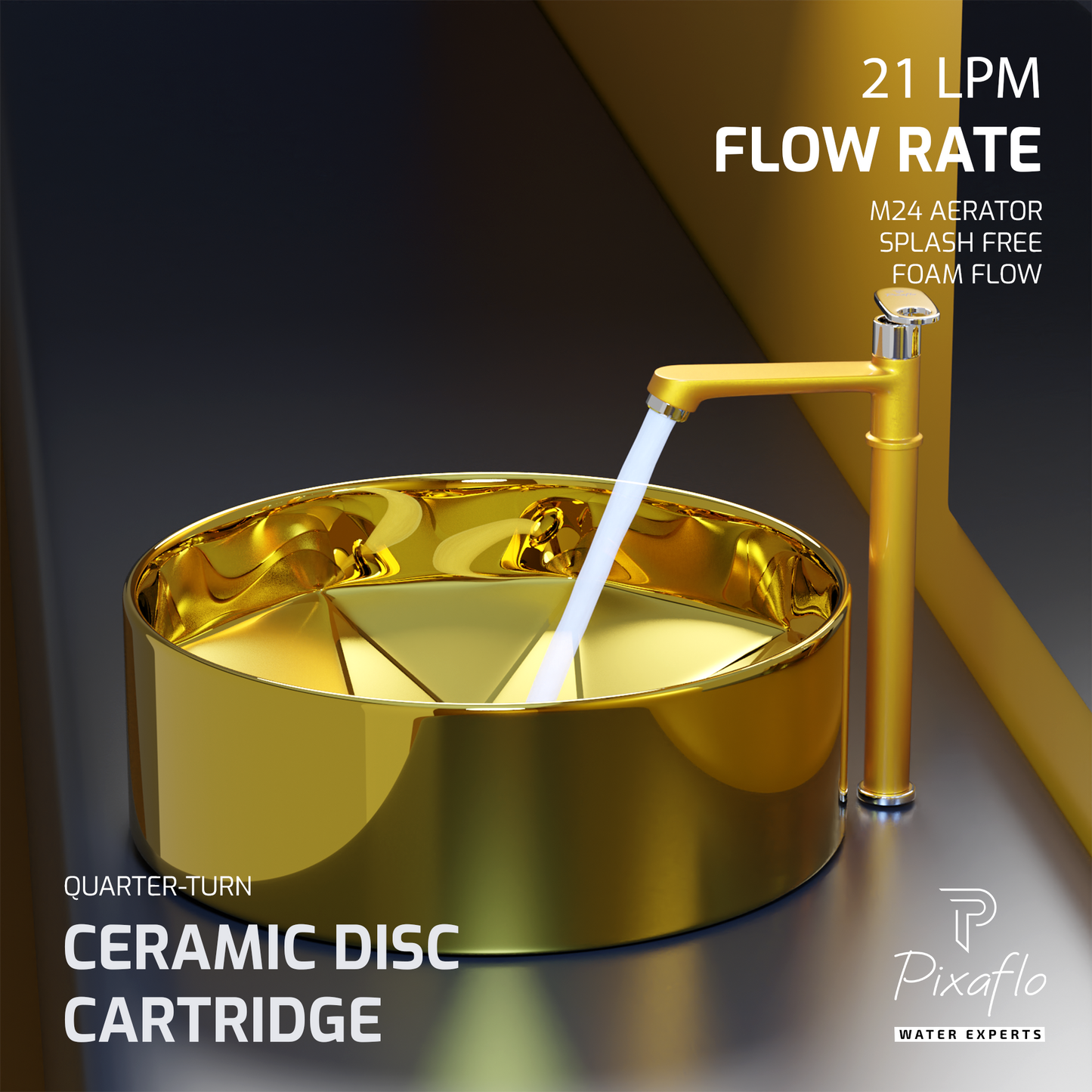 Pixaflo Curio Brass Extended Tall Body Pillar Cock 12 inch Tap for Wash Basin | Deck Mounted | Cold Water Tap (Not Hot & Cold Mixer) | Counter Top/Table Top Faucet | Foam Flow | Gold Finish