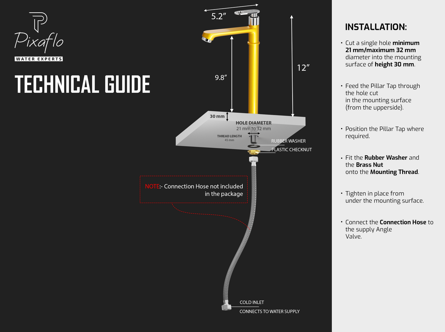 Pixaflo Curio Brass Extended Tall Body Pillar Cock 12 inch Tap for Wash Basin | Deck Mounted | Cold Water Tap (Not Hot & Cold Mixer) | Counter Top/Table Top Faucet | Foam Flow | Gold Finish