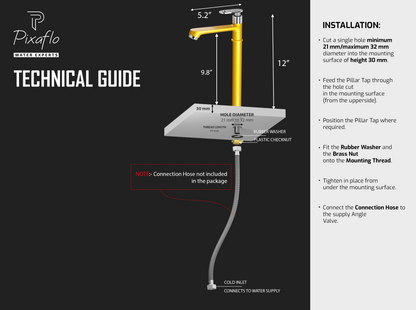 Pixaflo Curio Brass Extended Tall Body Pillar Cock 12 inch Tap for Wash Basin | Deck Mounted | Cold Water Tap (Not Hot & Cold Mixer) | Counter Top/Table Top Faucet | Foam Flow | Gold Finish