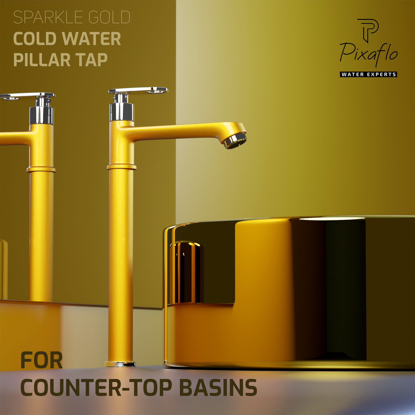 Pixaflo Curio Brass Extended Tall Body Pillar Cock 12 inch Tap for Wash Basin | Deck Mounted | Cold Water Tap (Not Hot & Cold Mixer) | Counter Top/Table Top Faucet | Foam Flow | Gold Finish