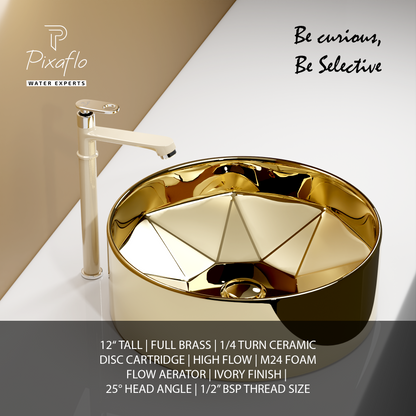 Pixaflo Curio Brass Extended Tall Body Pillar Cock 12 inch Tap for Wash Basin | Deck Mounted | Cold Water Tap (Not Hot & Cold Mixer) | Counter Top/Table Top Faucet | Foam Flow | Ivory Finish