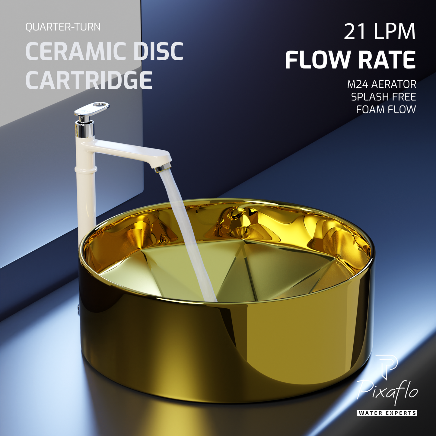 Pixaflo Curio Brass Extended Tall Body Pillar Cock 12 inch Tap for Wash Basin | Deck Mounted | Cold Water Tap (Not Hot & Cold Mixer) | Counter Top/Table Top Faucet | Foam Flow | Ivory Finish