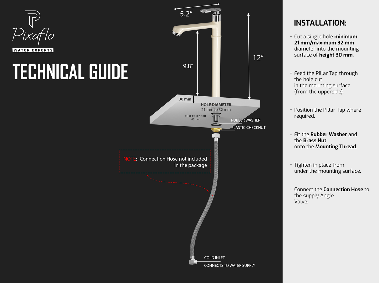 Pixaflo Curio Brass Extended Tall Body Pillar Cock 12 inch Tap for Wash Basin | Deck Mounted | Cold Water Tap (Not Hot & Cold Mixer) | Counter Top/Table Top Faucet | Foam Flow | Ivory Finish