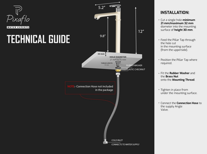 Pixaflo Curio Brass Extended Tall Body Pillar Cock 12 inch Tap for Wash Basin | Deck Mounted | Cold Water Tap (Not Hot & Cold Mixer) | Counter Top/Table Top Faucet | Foam Flow | Ivory Finish
