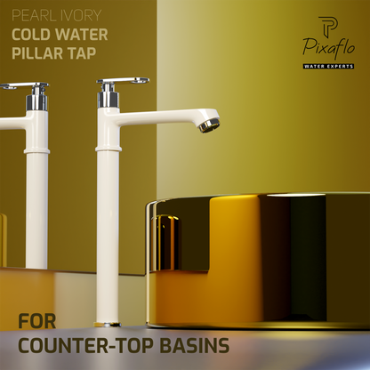 Pixaflo Curio Brass Extended Tall Body Pillar Cock 12 inch Tap for Wash Basin | Deck Mounted | Cold Water Tap (Not Hot & Cold Mixer) | Counter Top/Table Top Faucet | Foam Flow | Ivory Finish
