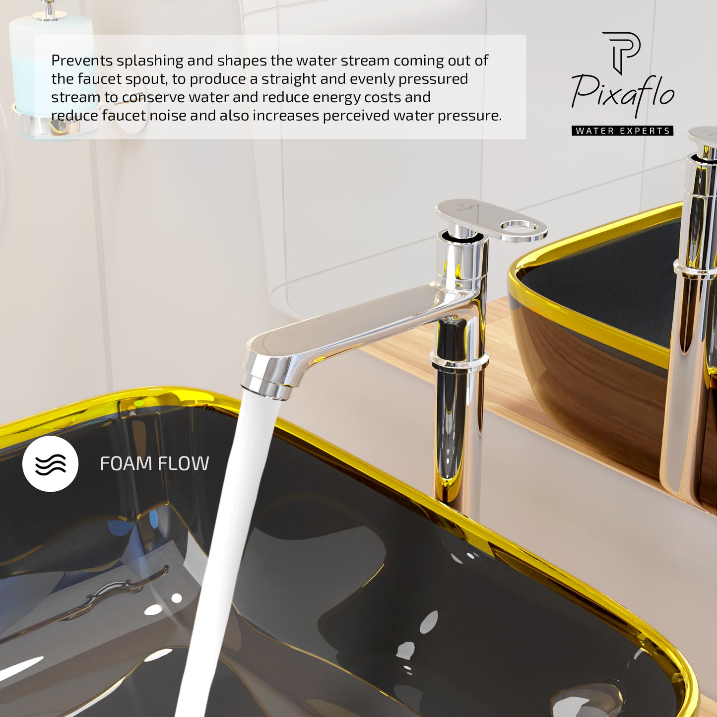Pixaflo Curio Brass Extended Tall Body Pillar Cock 12 inch Tap for Wash Basin | Deck Mounted | Cold Water Tap (Not Hot & Cold Mixer) | Counter Top/Table Top Faucet | Foam Flow | Chrome Finish