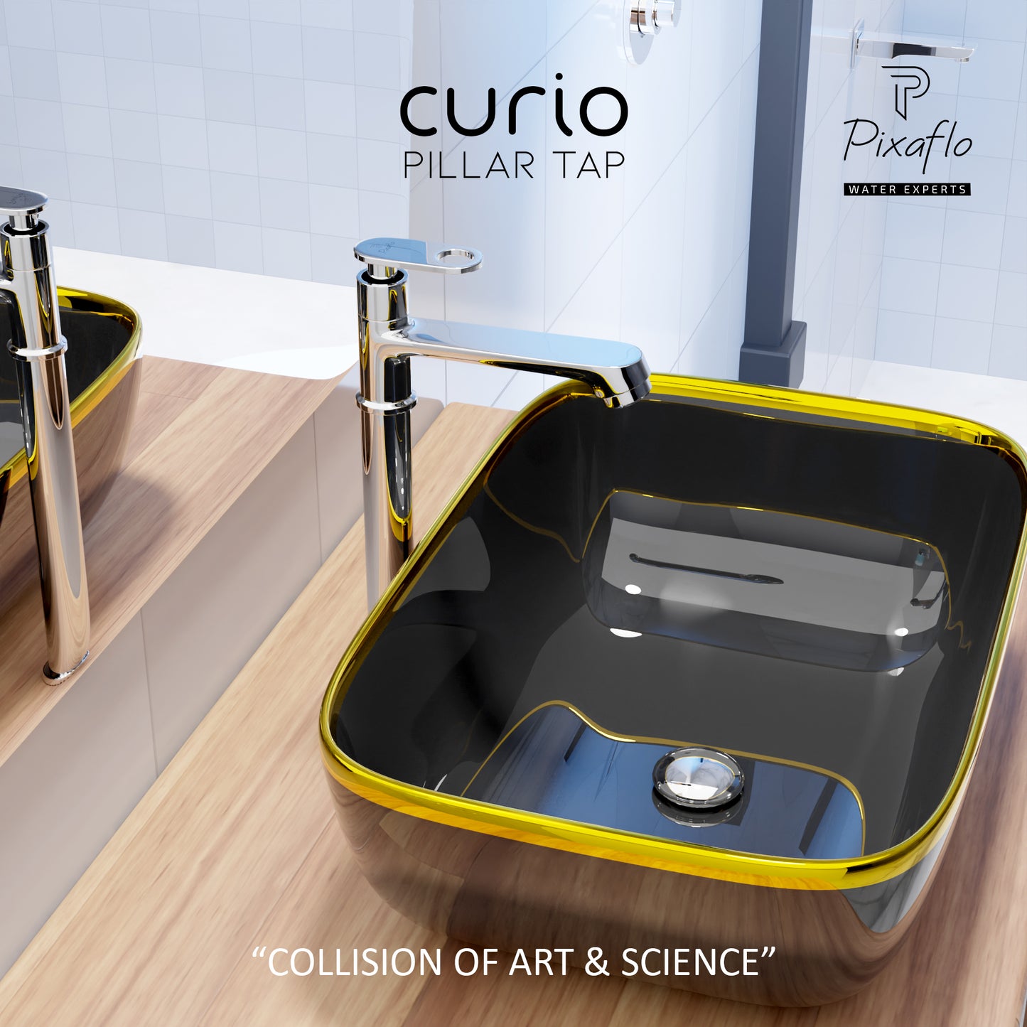 Pixaflo Curio Brass Extended Tall Body Pillar Cock 12 inch Tap for Wash Basin | Deck Mounted | Cold Water Tap (Not Hot & Cold Mixer) | Counter Top/Table Top Faucet | Foam Flow | Chrome Finish