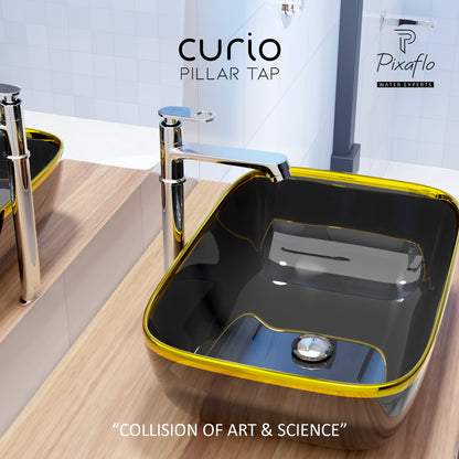 Pixaflo Curio Brass Extended Tall Body Pillar Cock 12 inch Tap for Wash Basin | Deck Mounted | Cold Water Tap (Not Hot & Cold Mixer) | Counter Top/Table Top Faucet | Foam Flow | Chrome Finish