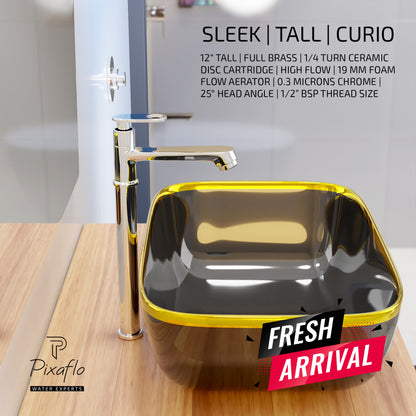 Pixaflo Curio Brass Extended Tall Body Pillar Cock 12 inch Tap for Wash Basin | Deck Mounted | Cold Water Tap (Not Hot & Cold Mixer) | Counter Top/Table Top Faucet | Foam Flow | Chrome Finish