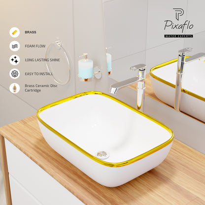 Pixaflo Curio Brass Extended Tall Body Pillar Cock 12 inch Tap for Wash Basin | Deck Mounted | Cold Water Tap (Not Hot & Cold Mixer) | Counter Top/Table Top Faucet | Foam Flow | Chrome Finish