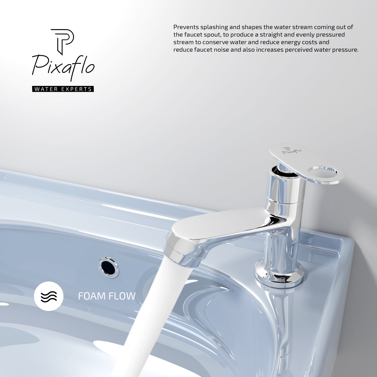Pixaflo Curio Brass Pillar Tap for Wash Basin | Pillar Cock | Quarter-Turn | Ceramic Disc Cartridge | Foam Flow | Chrome Finish