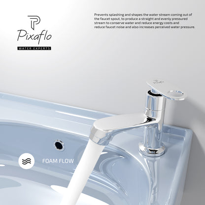 Pixaflo Curio Brass Pillar Tap for Wash Basin | Pillar Cock | Quarter-Turn | Ceramic Disc Cartridge | Foam Flow | Chrome Finish