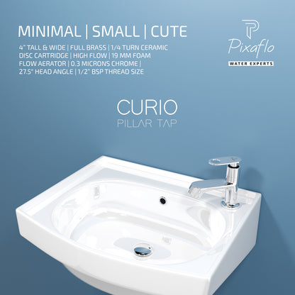 Pixaflo Curio Brass Pillar Tap for Wash Basin | Pillar Cock | Quarter-Turn | Ceramic Disc Cartridge | Foam Flow | Chrome Finish