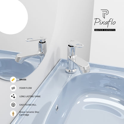 Pixaflo Curio Brass Pillar Tap for Wash Basin | Pillar Cock | Quarter-Turn | Ceramic Disc Cartridge | Foam Flow | Chrome Finish