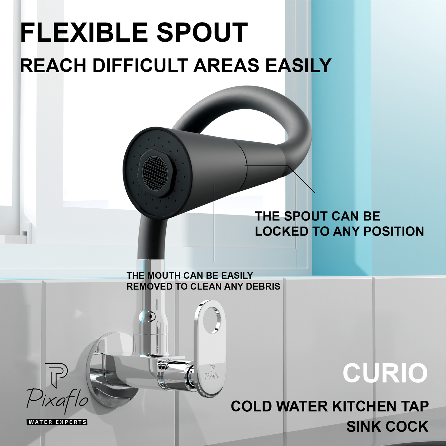 Pixaflo Curio Brass Sink Cock Tap with Wall Flange | with Black Dual Flow 360-degree Swivel Flexible Silicone Swivel Spout for Kitchen Sink | Wall Mounted