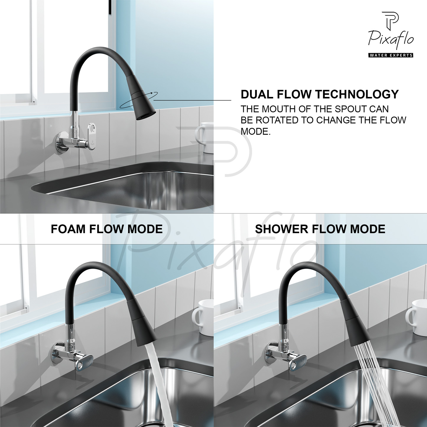 Pixaflo Curio Brass Sink Cock Tap with Wall Flange | with Black Dual Flow 360-degree Swivel Flexible Silicone Swivel Spout for Kitchen Sink | Wall Mounted