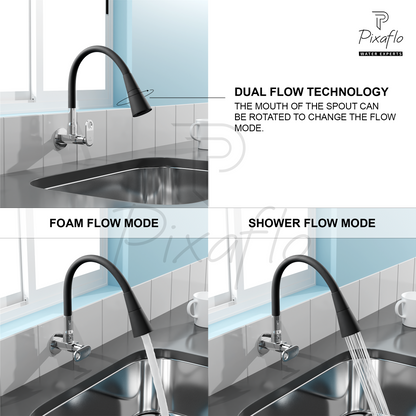 Pixaflo Curio Brass Sink Cock Tap with Wall Flange | with Black Dual Flow 360-degree Swivel Flexible Silicone Swivel Spout for Kitchen Sink | Wall Mounted