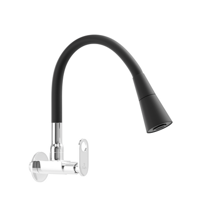 Pixaflo Curio Brass Sink Cock Tap with Wall Flange | with Black Dual Flow 360-degree Swivel Flexible Silicone Swivel Spout for Kitchen Sink | Wall Mounted