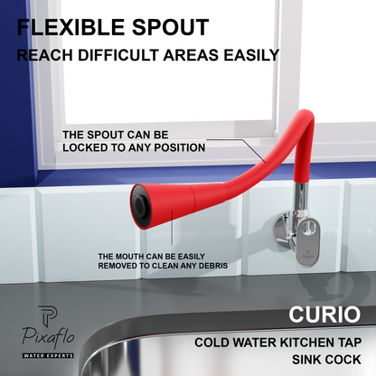 Pixaflo Curio Brass Sink Cock Tap with Wall Flange | with Red Dual Flow 360-degree Swivel Flexible Silicone Swivel Spout for Kitchen Sink | Wall Mounted