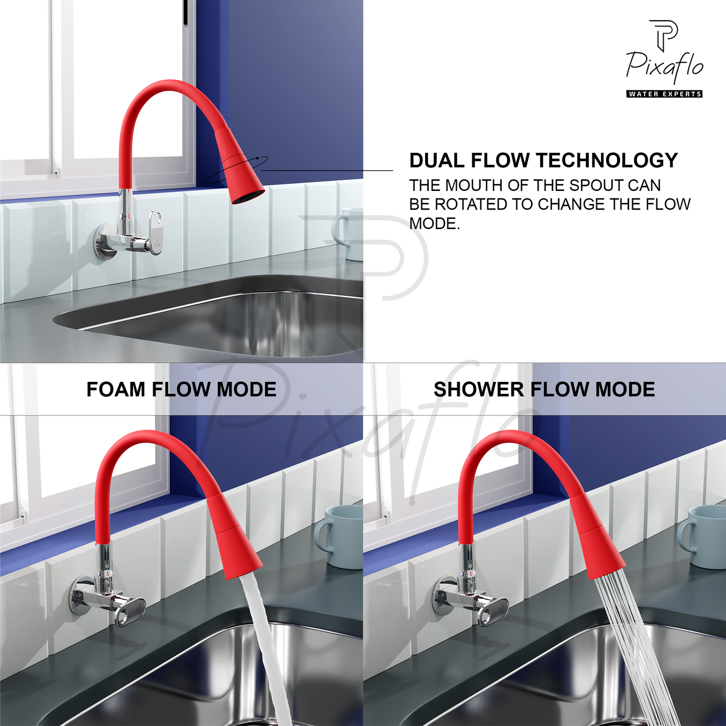 Pixaflo Curio Brass Sink Cock Tap with Wall Flange | with Red Dual Flow 360-degree Swivel Flexible Silicone Swivel Spout for Kitchen Sink | Wall Mounted