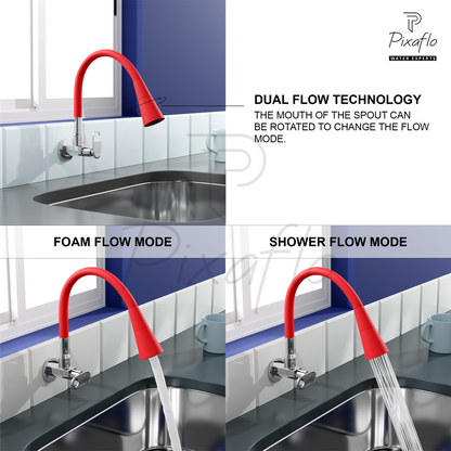 Pixaflo Curio Brass Sink Cock Tap with Wall Flange | with Red Dual Flow 360-degree Swivel Flexible Silicone Swivel Spout for Kitchen Sink | Wall Mounted