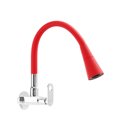 Pixaflo Curio Brass Sink Cock Tap with Wall Flange | with Red Dual Flow 360-degree Swivel Flexible Silicone Swivel Spout for Kitchen Sink | Wall Mounted