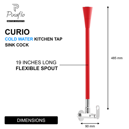 Pixaflo Curio Brass Sink Cock Tap with Wall Flange | with Red Dual Flow 360-degree Swivel Flexible Silicone Swivel Spout for Kitchen Sink | Wall Mounted