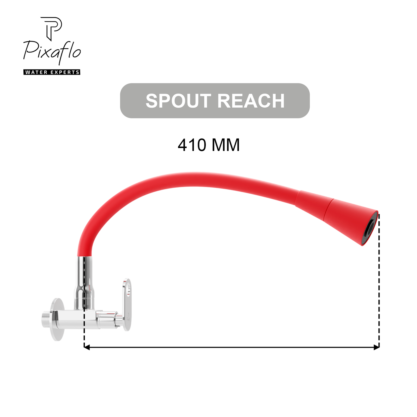 Pixaflo Curio Brass Sink Cock Tap with Wall Flange | with Red Dual Flow 360-degree Swivel Flexible Silicone Swivel Spout for Kitchen Sink | Wall Mounted