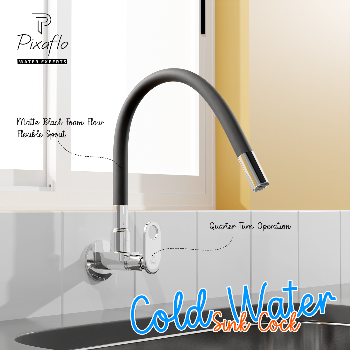 Pixaflo Curio Brass Sink Cock Tap with Wall Flange | with Black Foam Flow 360-degree Swivel Flexible Silicone Swivel Spout for Kitchen Sink | Wall Mounted